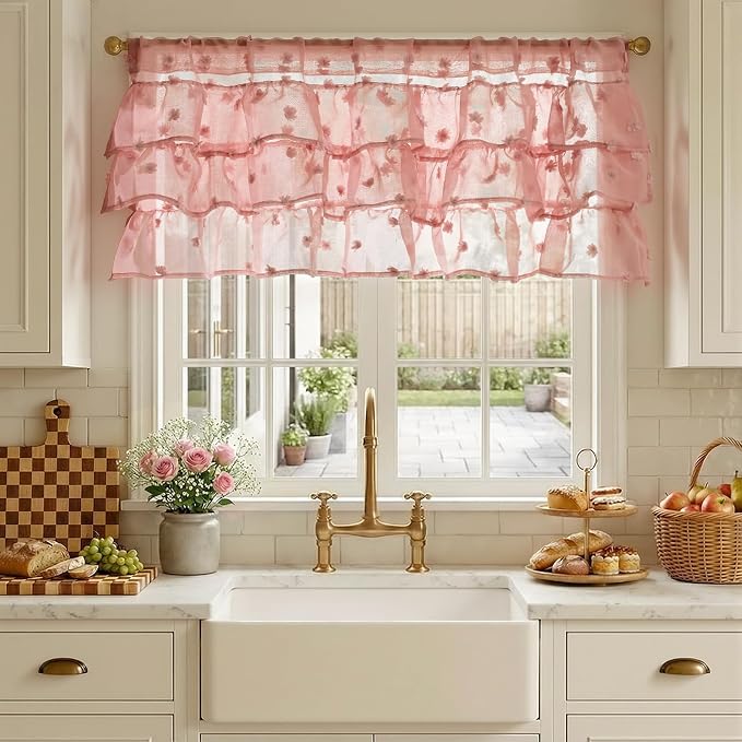 jinchan Ruffled Kitchen Valance Pom-Pom Voile Valance Curtains Sheer Shabby - Image 2