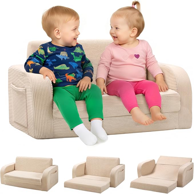 3-in-1 Extra Wide Convertible Kids Couch, Flip Open Toddler Couch to Lounger by LittleDove