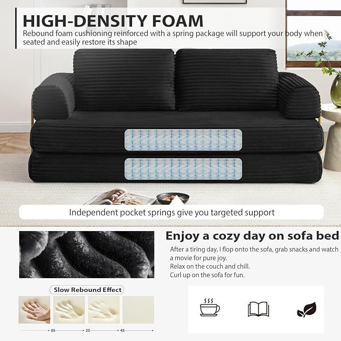 HANXIN 80 Inch Convertible Sleeper Sofa Bed, High Back Plush Corduroy Folding - Image 3