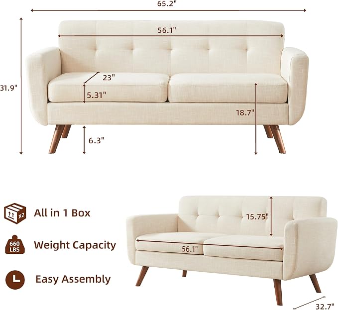 Tbfit 65" W Loveseat Sofa, Mid Century Modern Decor Love Seat Couches - Image 2