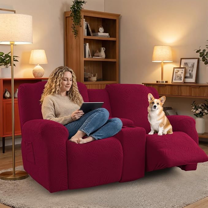 Recliner Loveseat Covers with Console, 6-Piece Stretch Geometric Strokes - Image 5