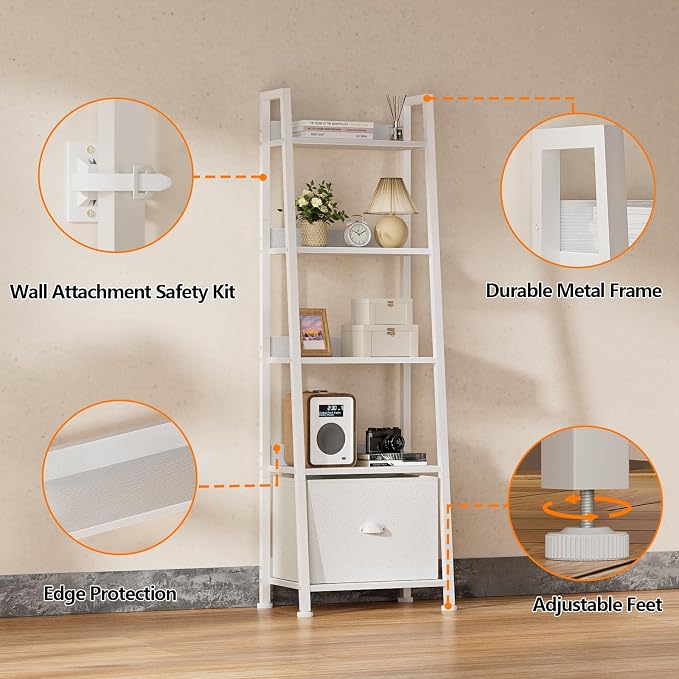 Furologee 5-Tier White Ladder Shelf, Ladder Bookshelf - Image 8