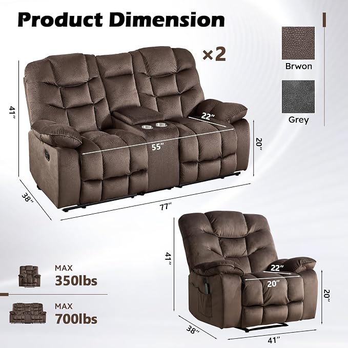 HAOMARKETS 3 Pieces Recliner Sofa Furniture Set, Include Power Recliner Chair - Image 2
