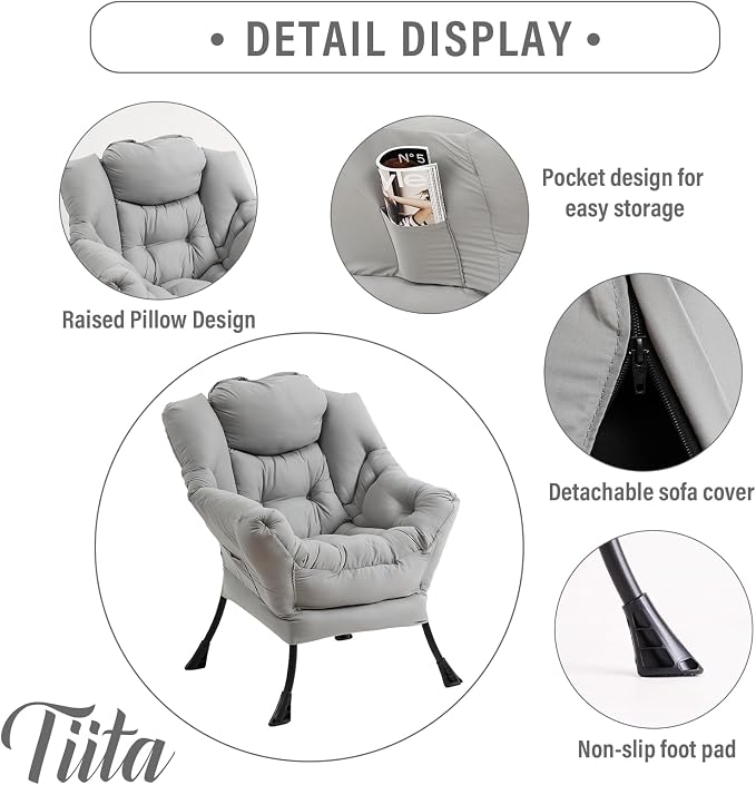 Tiita Lazy Chair with Ottoman, Light Grey Modern Large Accent Chair, Comfy - Image 2