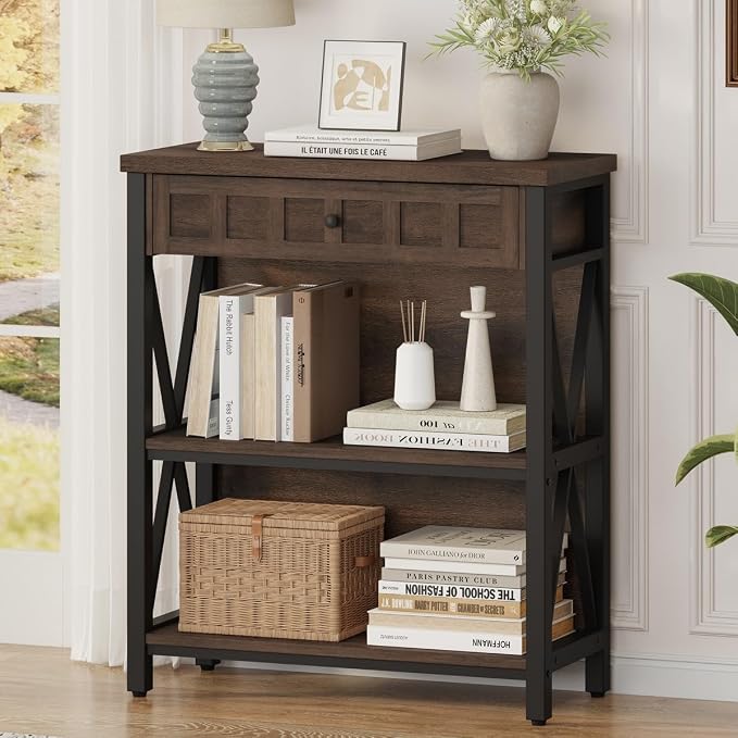 FATORRI Small Bookcase with Drawer, Industrial 3 Shelf Bookshelf, Wood and by FATORRI