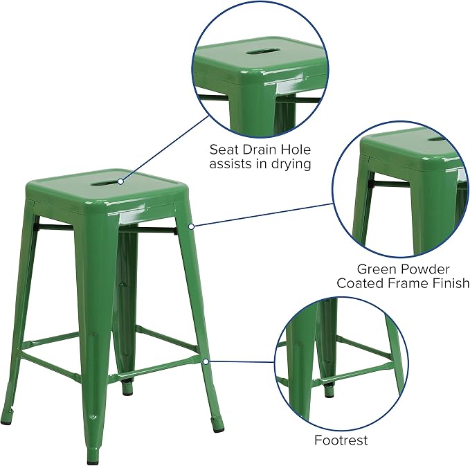 Flash Furniture Kai Commercial Grade 24" High Backless Green Metal - Image 4