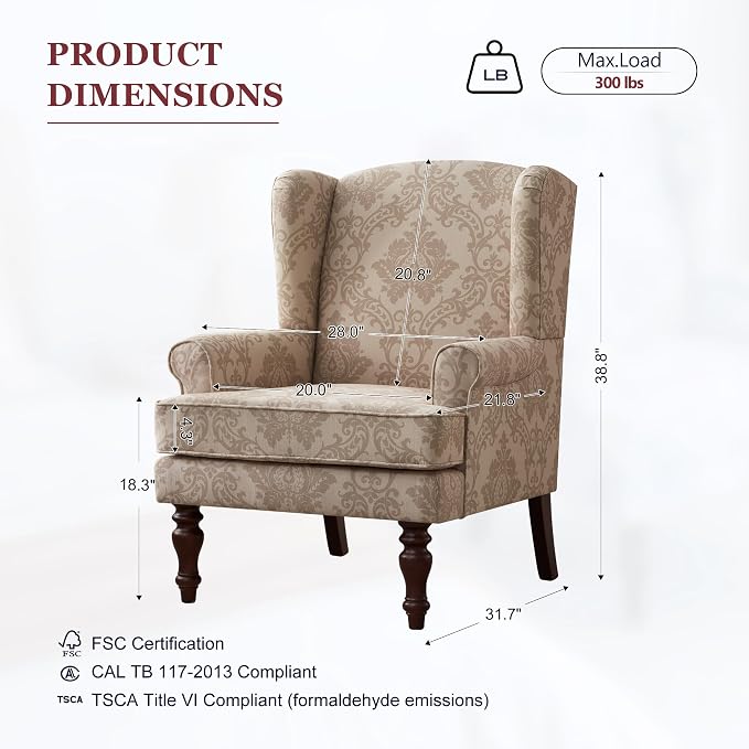 HUIMO Printed Wingback Accent Chair, Linen Upholstered High Back Armchair - Image 2