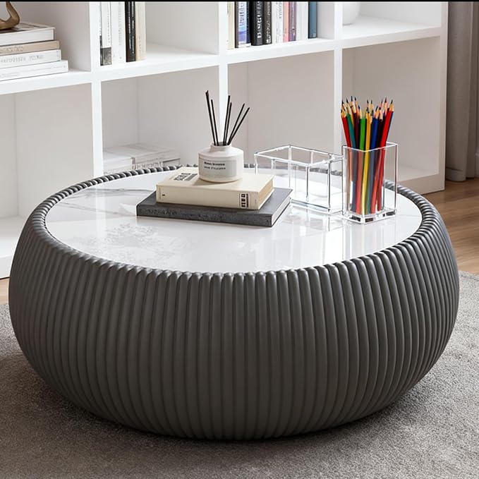 SSLine Round Drum Coffee Table Modern Sintered Stone Top Coffee Table in Grey - Image 3