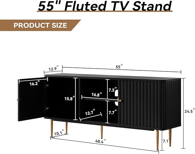 ARTPOWER 55” Fluted TV Stand, Mid Century Modern Black TV Stand - Image 2