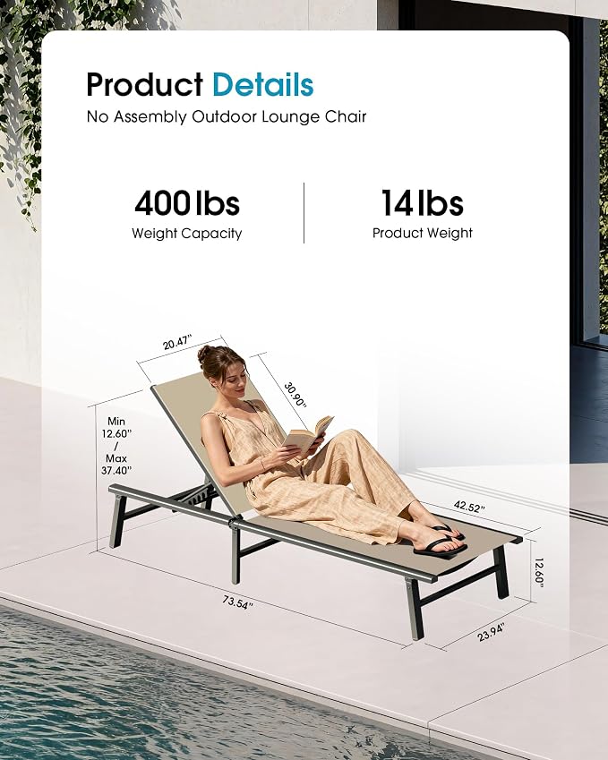 Ciokea Foldable Outdoor Lounge Chair, No Assembly Patio Chaise Lounge Outdoor - Image 2