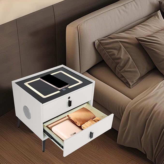 Smart Nightstand w/Fingerprint Lock Drawers, Smart Bedside Table w/USB Charging - Image 6