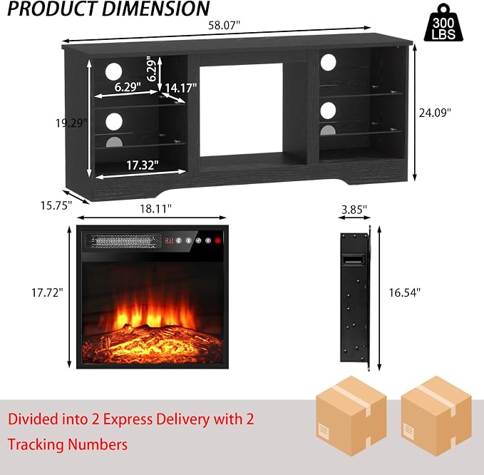 PRETZI Fireplace TV Stand with 18" Fireplace Up to 65" TVs, TV Media Console - Image 6