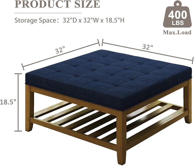 Befurtori Large Square Ottoman Coffee Table, Linen Solid Upholstered Footrest - Image 2