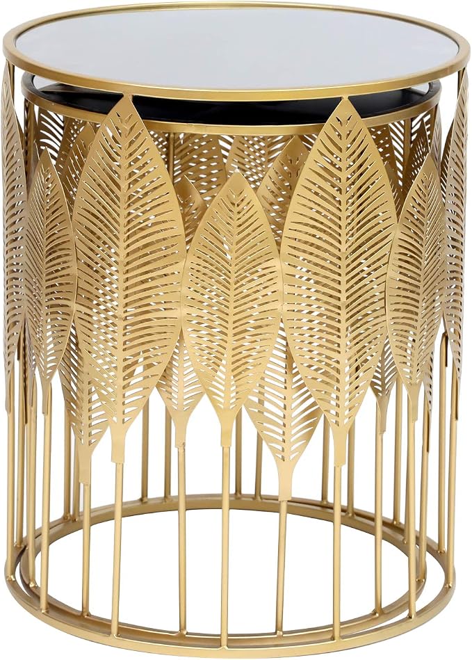 Homebeez Gold Nesting Tables Set of 2, Glam Leaf Design Round End Table - Image 7