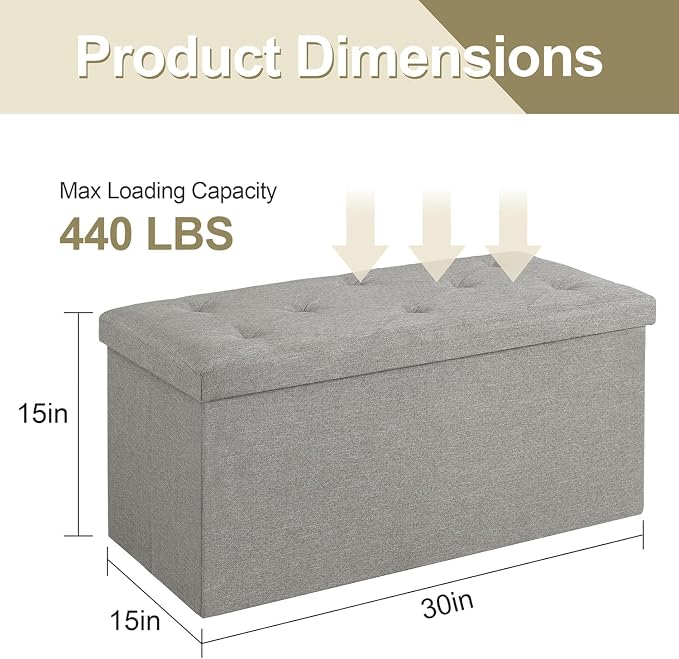 VECELO 30'' Folding Storage Ottoman Bench, Storage Chest, Linen Fabric Foot - Image 3