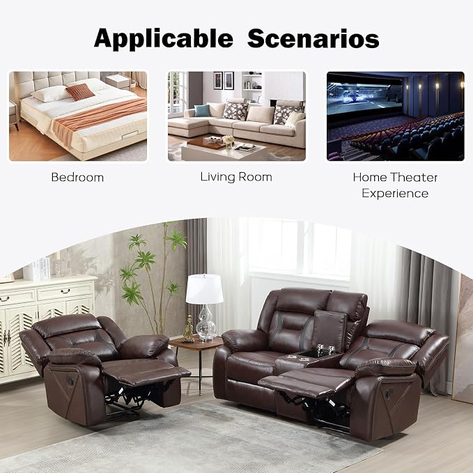 EBELLO Manual Recliner Sofa Set, Faux Leather Reclining Living Room Furniture - Image 6