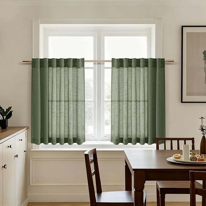 Nanspring Olive Green Linen Curtains 30 Inch Length Short Kitchen, Semi Sheer - Image 5