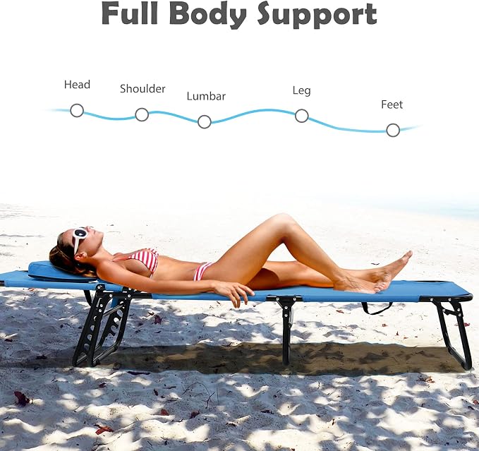 Folding Beach Lounge Chair w/ 5 Adjutable Backrest & Padded Pillow, Sunbathing - Image 5