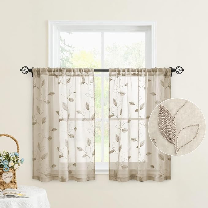 HOMEIDEAS Taupe Sheer Kitchen Curtains 30 X 36 Inch Length 2 Panels Beige by HOMEIDEAS