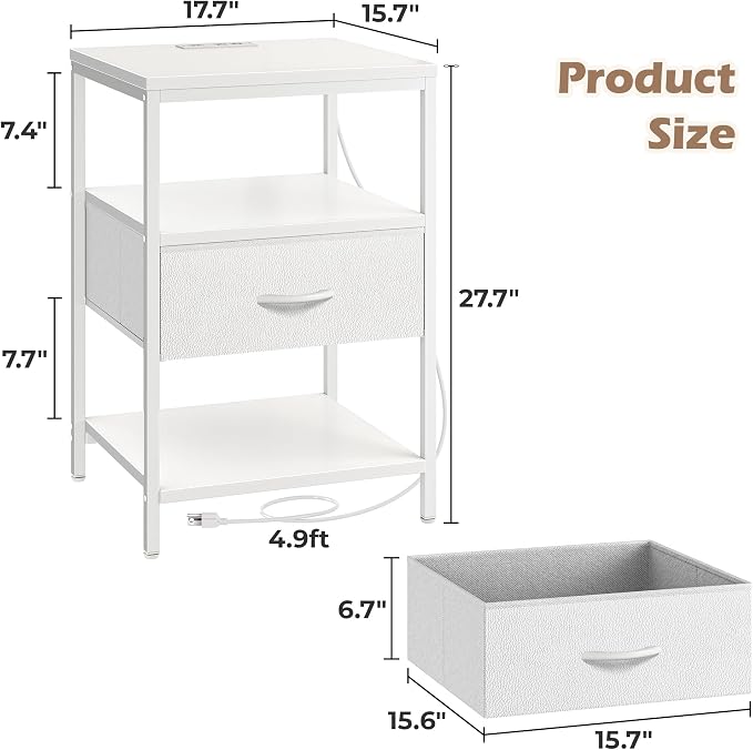 SUPERJARE Nightstand with Charging Station, 17.7 Inches Wider Side Table - Image 3