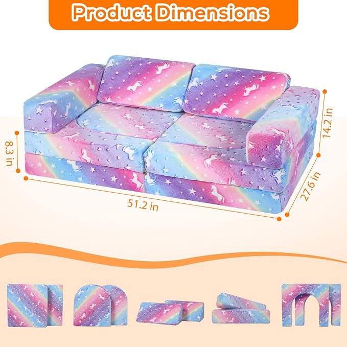 MeMoreCool 10-Piece Glow-in-the-Dark Rainbow Kids Modular Play Couch, - Image 3