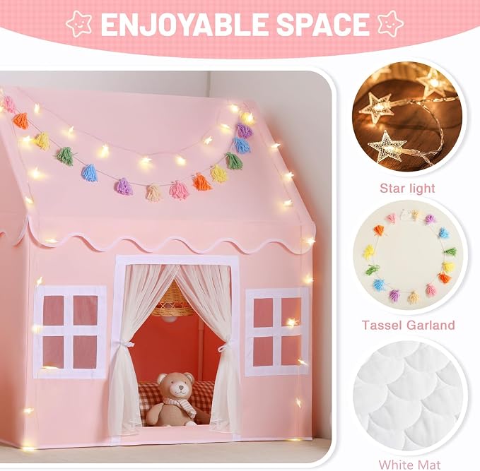 Kids Play Tent Indoor: with Mat, Tassel Garland, Star Lights - Image 3