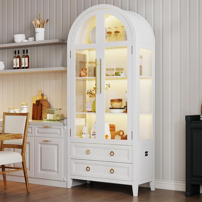 Arched Curio Cabinet with Glass Doors, 4-Tier Display Cabinet with 2 Drawers - Image 8