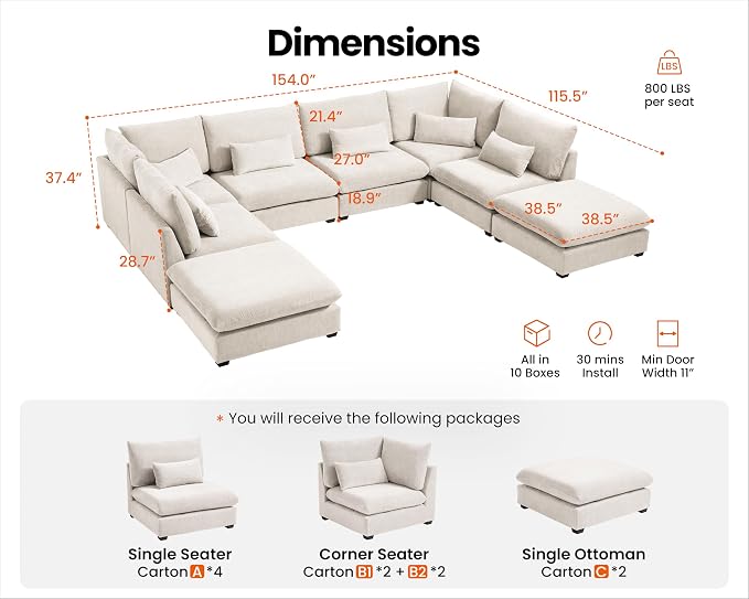 154" Oversized Chenille Couch Modular Sectional Sofa, Washable Cloud Couch - Image 2