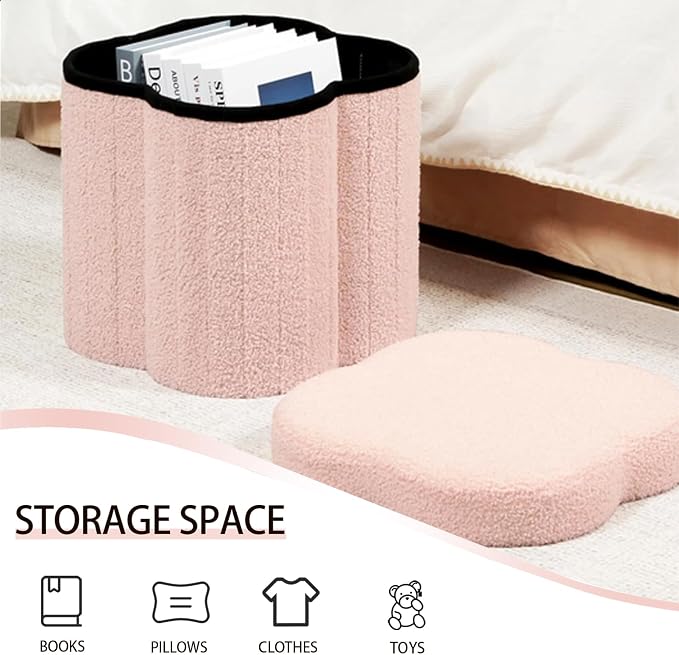 Boucle Storage Ottoman Cube, 13.8" Flower-Shaped Footstool - Image 6
