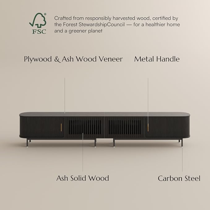 POVISON Fully-Assembled Sliding Tambour Door TV Stand, Mid Century Modern TV - Image 7