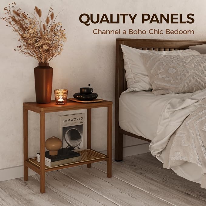 Rattan Side Table Mid Century Modern End Table Living Room 2-Tier End Table - Image 6
