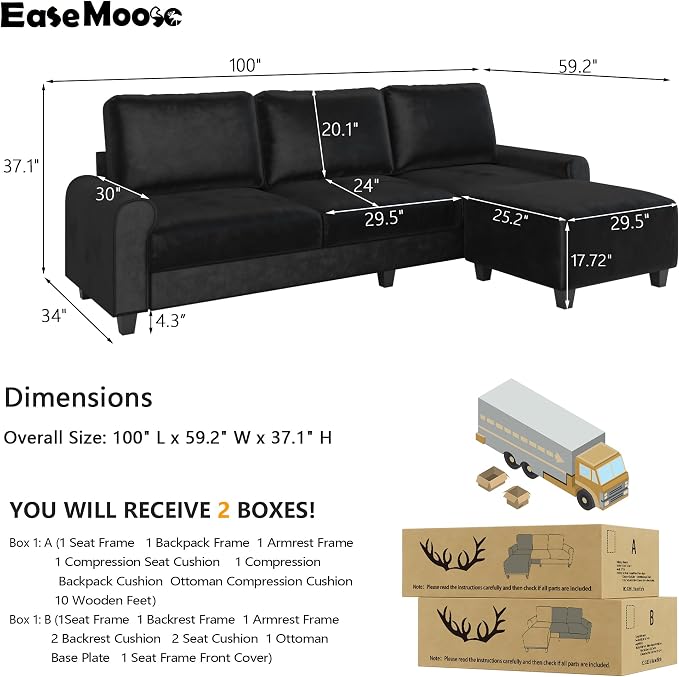 EASE MOOSE Large Seat Velvet L-Shaped Sofa, Soft 4 Seat Couch - Image 2