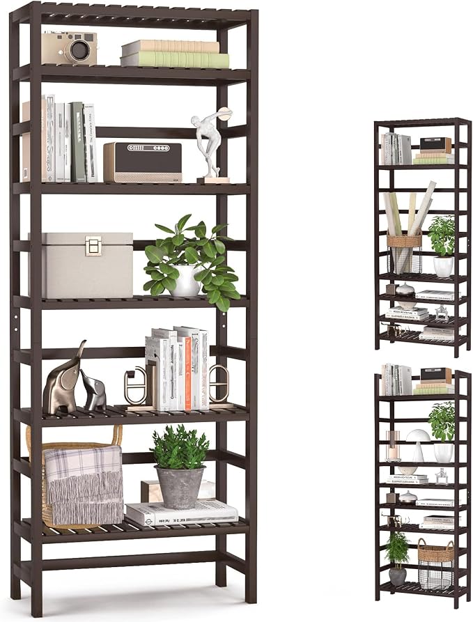 Homykic 6-Tier Bamboo Bookshelves and Bookcases, Adjustable 63.4”Tall Shallow by Homykic