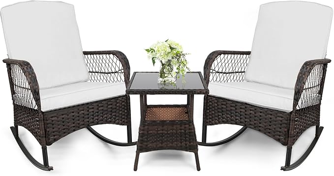 LEVELEVE 3pcs Modern PE Wicker Outdoor Rocking Chairs & Glass Table Set by Enjoyyourlife