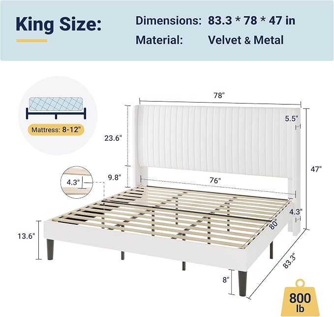 Allewie King Size Velvet Bed Frame/Vertical Channel Tufted Wingback - Image 2