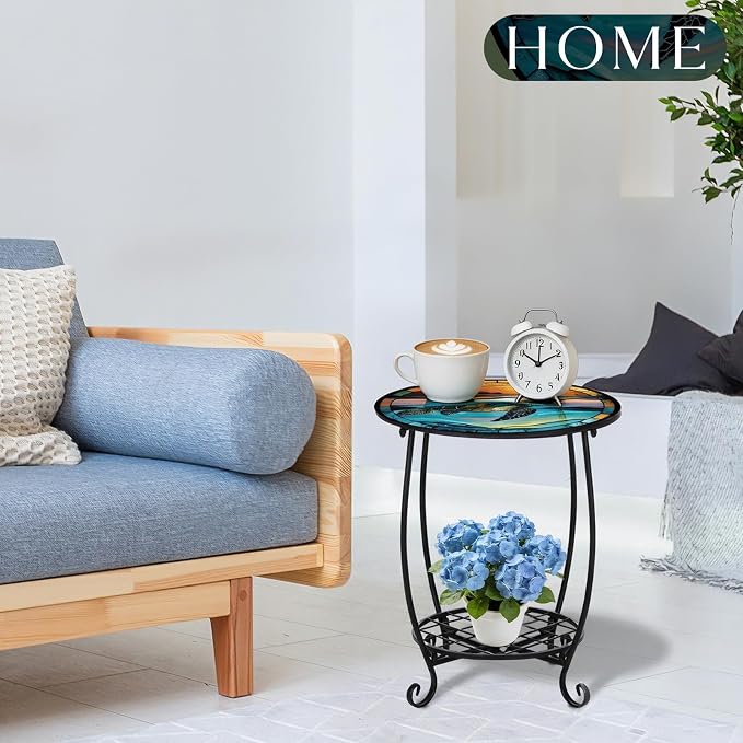 Cinnvoice Outdoor Side Table Round Small Mosaic Patio Accent Indoor End Plant - Image 7