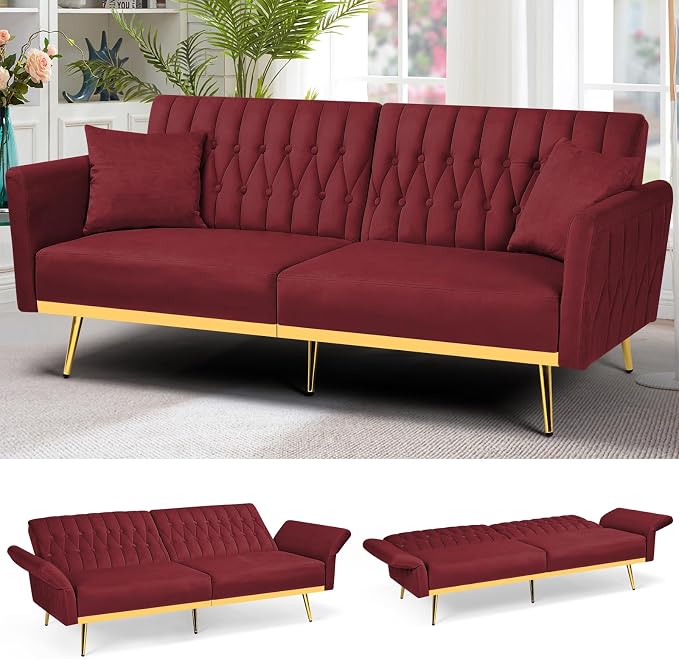 70” Velvet Futon Sofa Bed with 2 Pillows and Adjustable Armrests, Convertible by ACMEASE