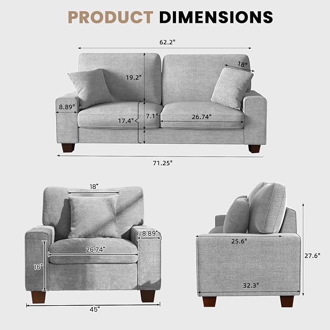 DOPEDIO Modern Living Room Sofa Set, 71.25" Chenille Loveseat - Image 2