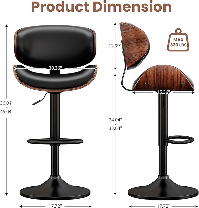 YaFiti Bar Stools Set of 3, Bentwood Adjustable Height Swivel Bar Stools - Image 2