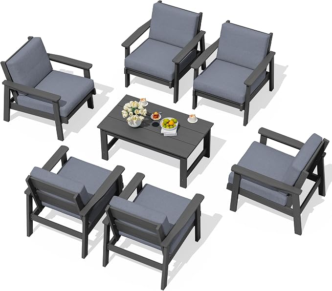 SERWALL HDPE Outdoor Furniture Set, 7 Piece All Weather Wood-Like Outdoor Sofa by SERWALL