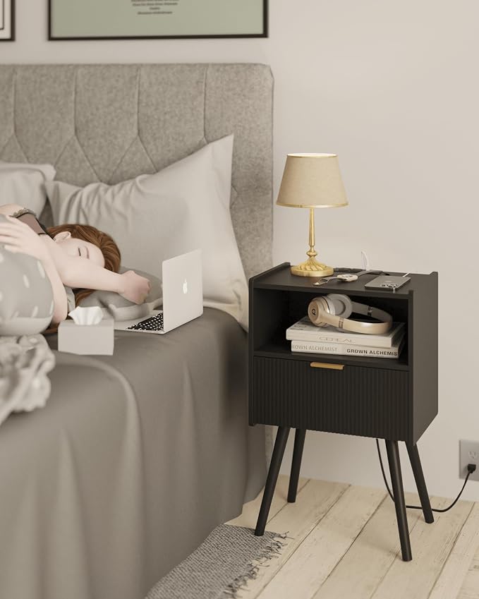 JOONEE Black Nightstand with Outlet, Modern Bedside Table with Storage Drawer - Image 3