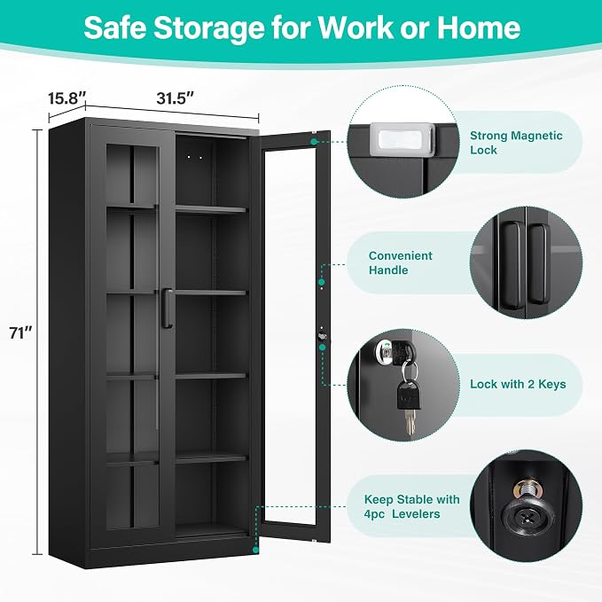 Metal Storage Cabinet with Lock and Glass Doors, Glass Display Cabinet - Image 3