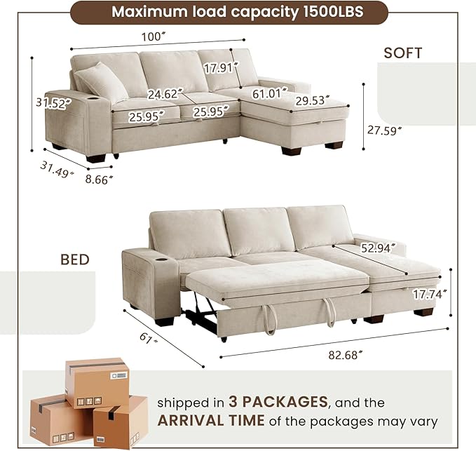 99" Convertible Sleeper Sofa Bed, L Shaped - Image 3