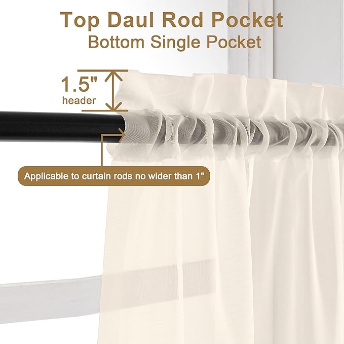 Chyhomenyc Cream Sheer Curtains 72 Inch Length 2 Panels, Light Filtering Top - Image 4
