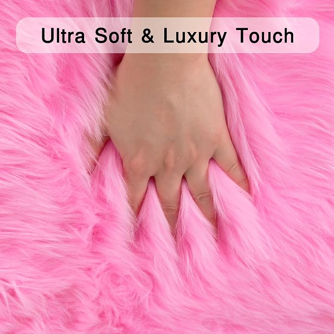 duduta Hot Pink Faux Sheepskin Throw Rug 2x3 ft, Fluffy Shag Rug - Image 3