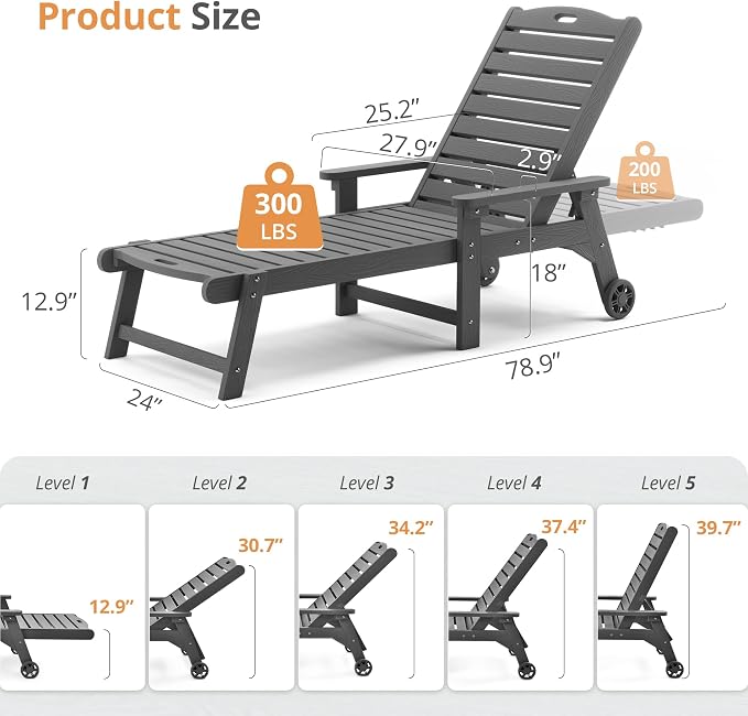 LUE BONA Lounge Chair Outdoor Set of 4, HDPS Chaise Lounge Outdoor - Image 7