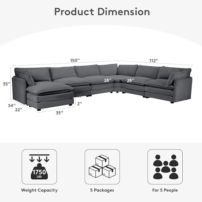 ROWHY 150'' Modular Sectional Corner Cloud Couch, 7 Seater Sofa Big Comfy - Image 2