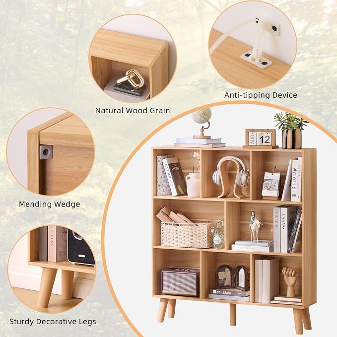 LEYAOYAO Wooden 8 Cube Book Shelf, Natural 3 Tier Bookshelf - Image 7