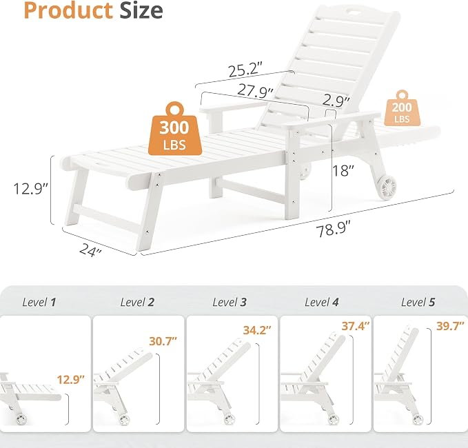 LUE BONA Lounge Chair Outdoor Set of 2, HDPS Chaise Lounge Outdoor - Image 7