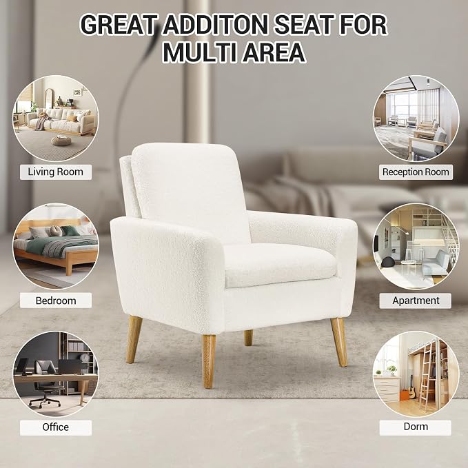 White Accent Chair Set of 2 for Living Room, Fluffy Comfy Reading Leisure - Image 4